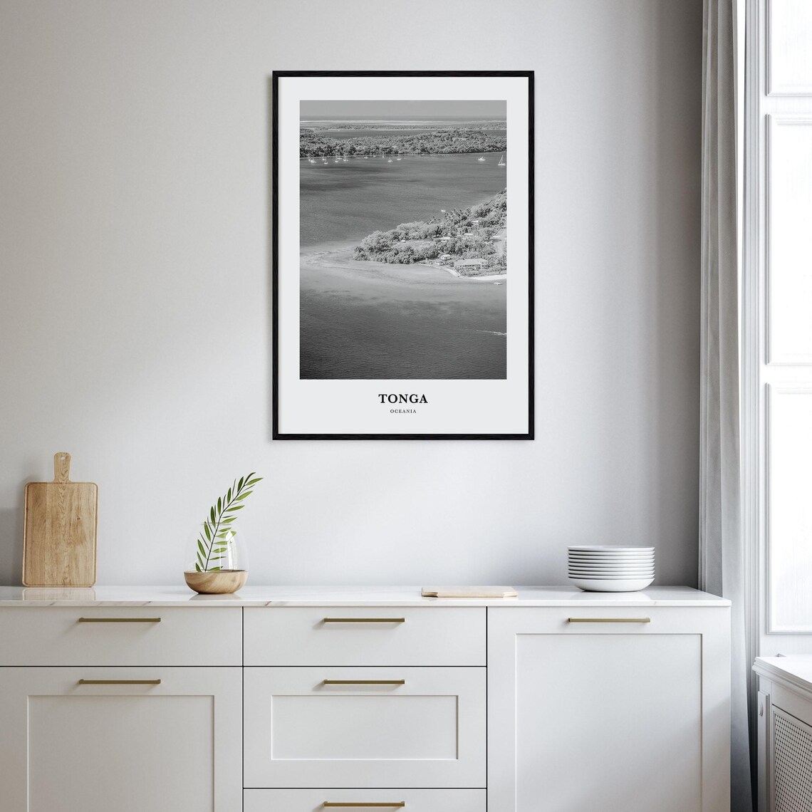 Tonga Oceania Aerial Bay Sailboats Black and White Travel Poster - Image 2