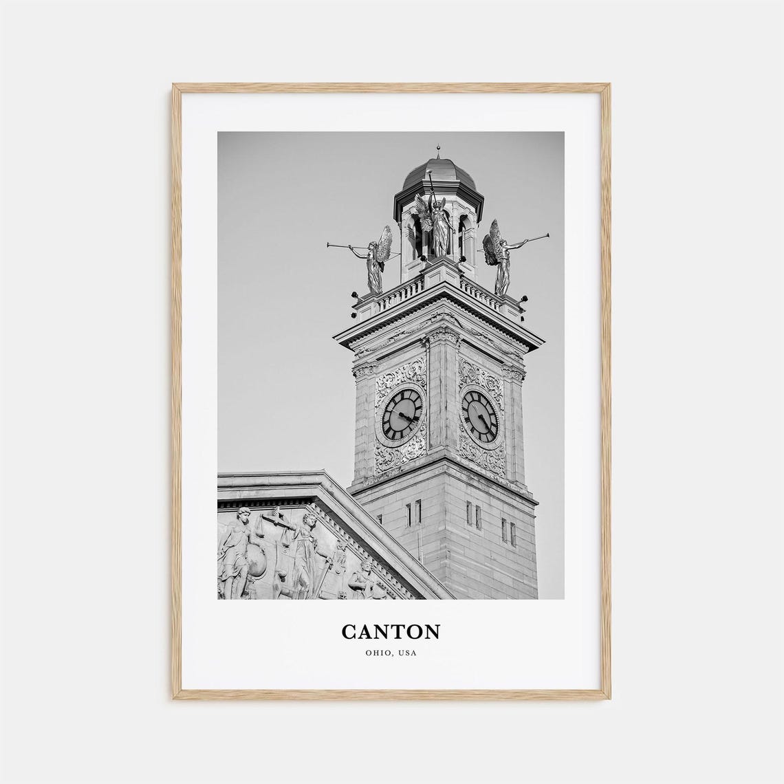 Canton Ohio Historic Clock Tower Angel Statues Monochrome Poster