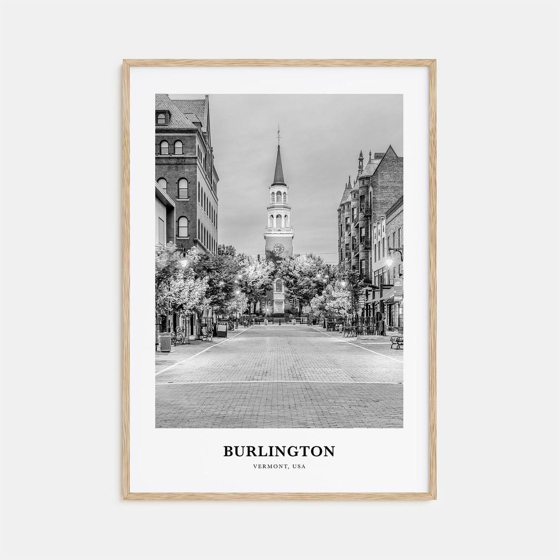 Burlington Vermont Church Street Downtown Black and White Poster