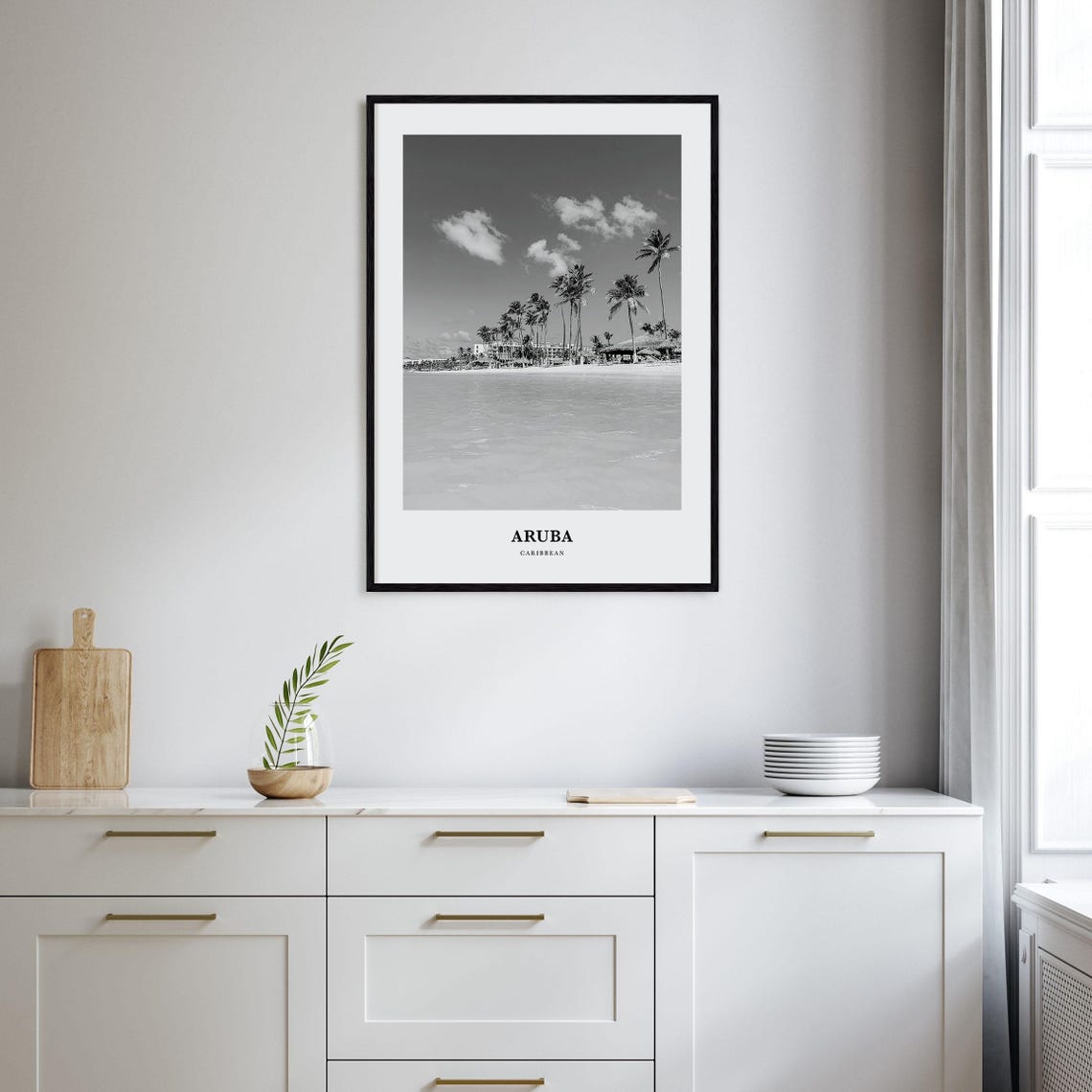 Aruba Caribbean Palm Lined Beach Shoreline Black and White Poster - Image 2