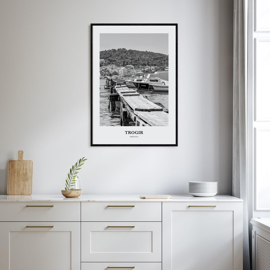 Trogir Croatia Wooden Pier Harbor Boats Black and White Poster - Image 2