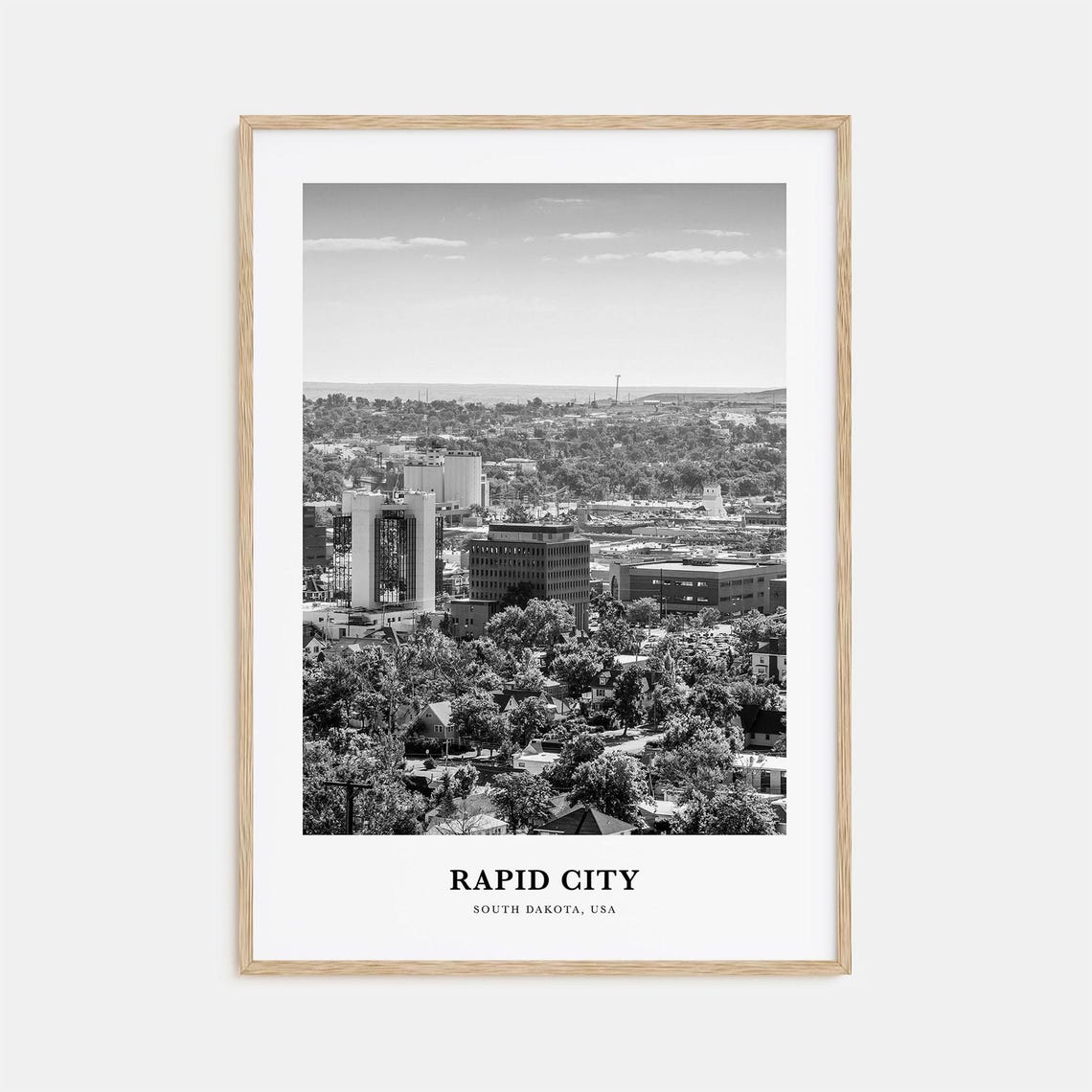 Rapid City South Dakota Black and White City Skyline Art Poster