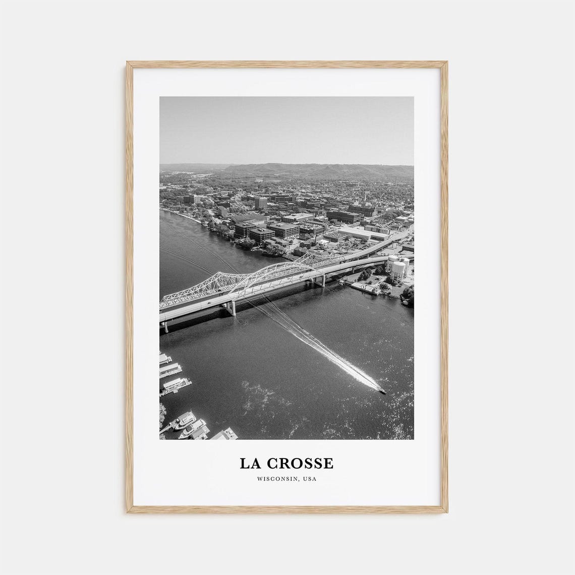 La Crosse Wisconsin Mississippi River Bridge Aerial Black White Poster