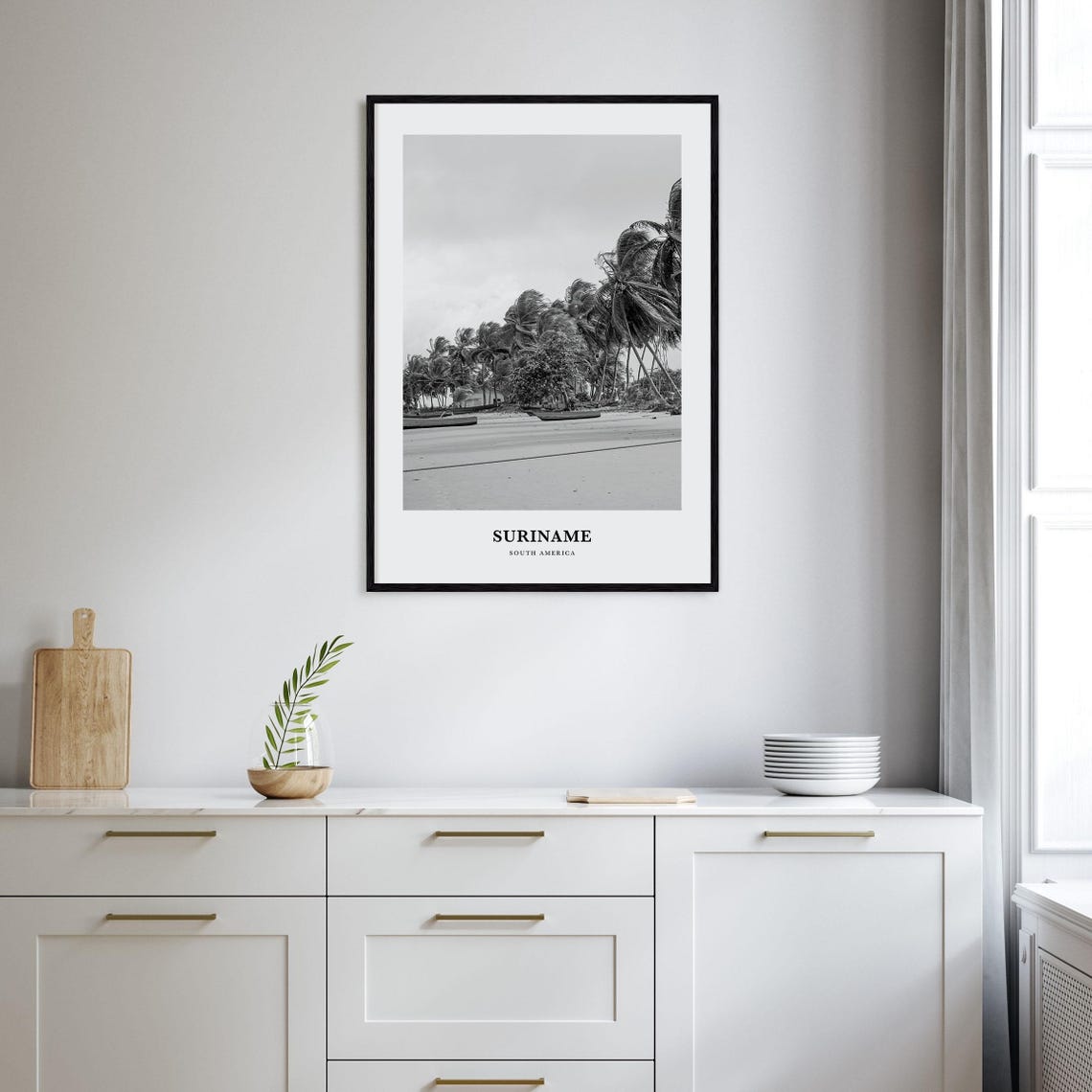 Suriname Palm Beach and Boats Scene Black and White Travel Poster - Image 2