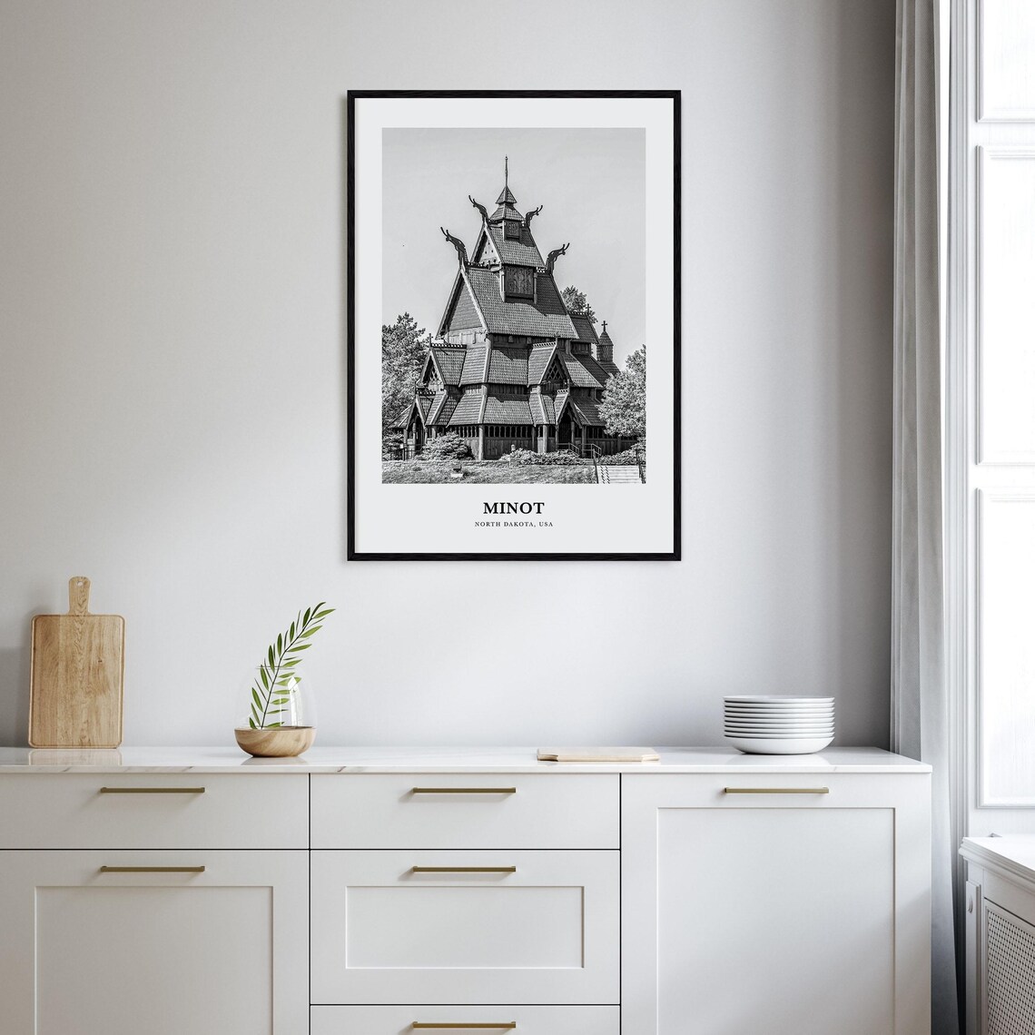 Minot North Dakota Stave Church Black And White Landmark Photo Poster - Image 2