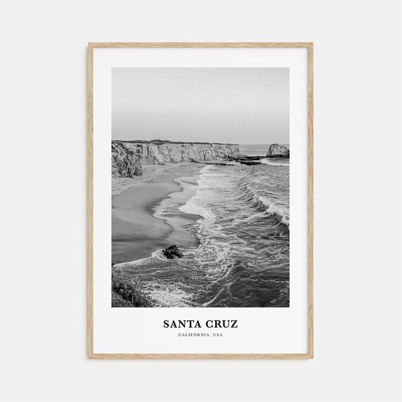 Santa Cruz California Rocky Coastline Waves Black White Ocean Poster