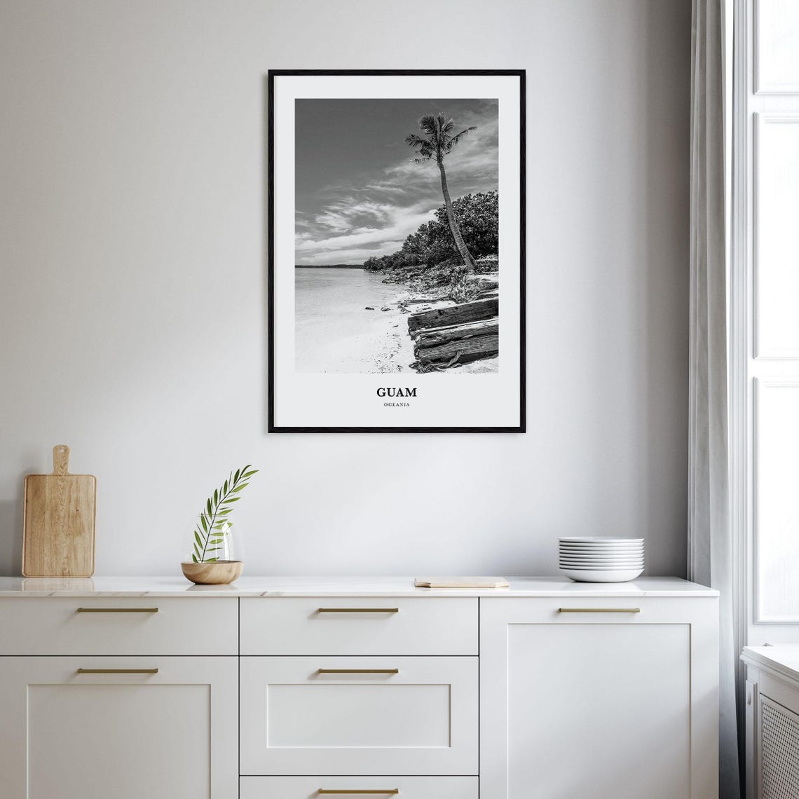 Guam Palm Tree Beach Shoreline Oceania Black And White Travel Poster - Image 2