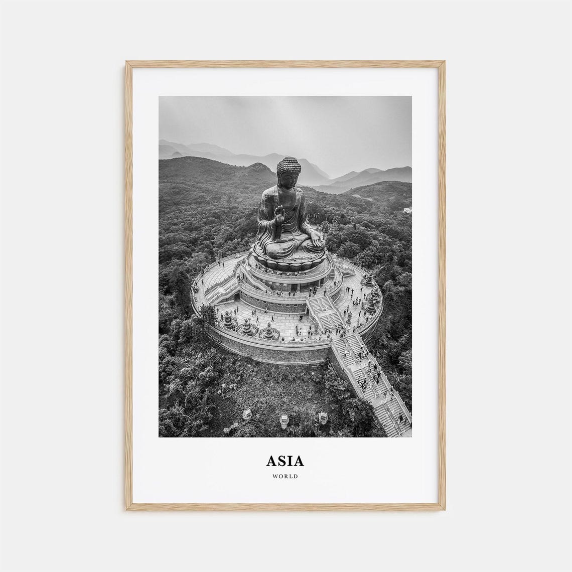Giant Seated Buddha Statue Mountain Asia Black and White Poster