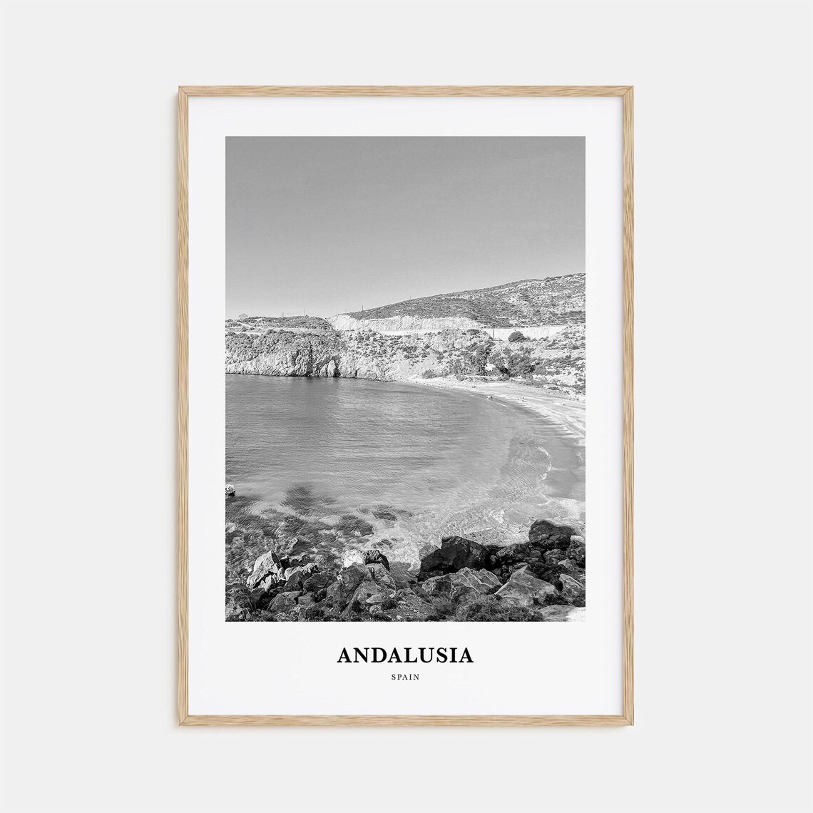 Andalusia Rocky Coastline Cove Black and White Travel Poster