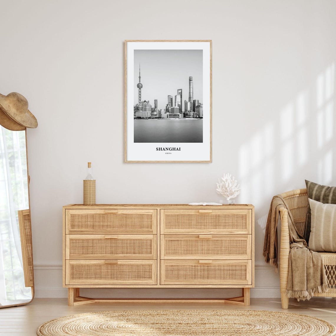 Shanghai China Pudong Skyline Waterfront Black White Travel Poster - Image 3