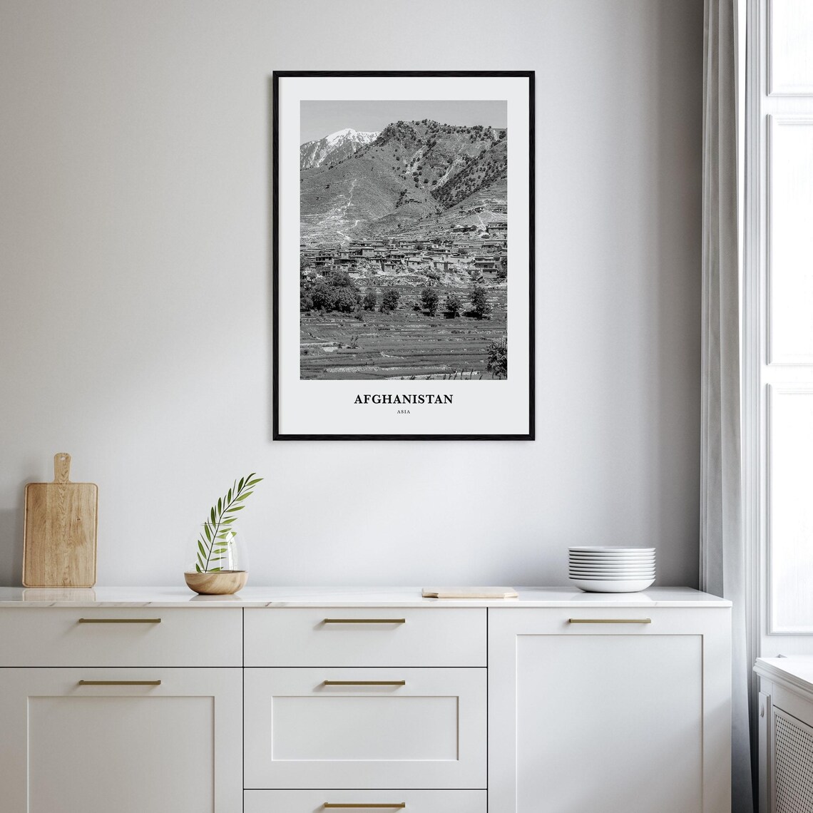 Afghanistan Mountain Village Terraced Fields Black and White Poster - Image 2