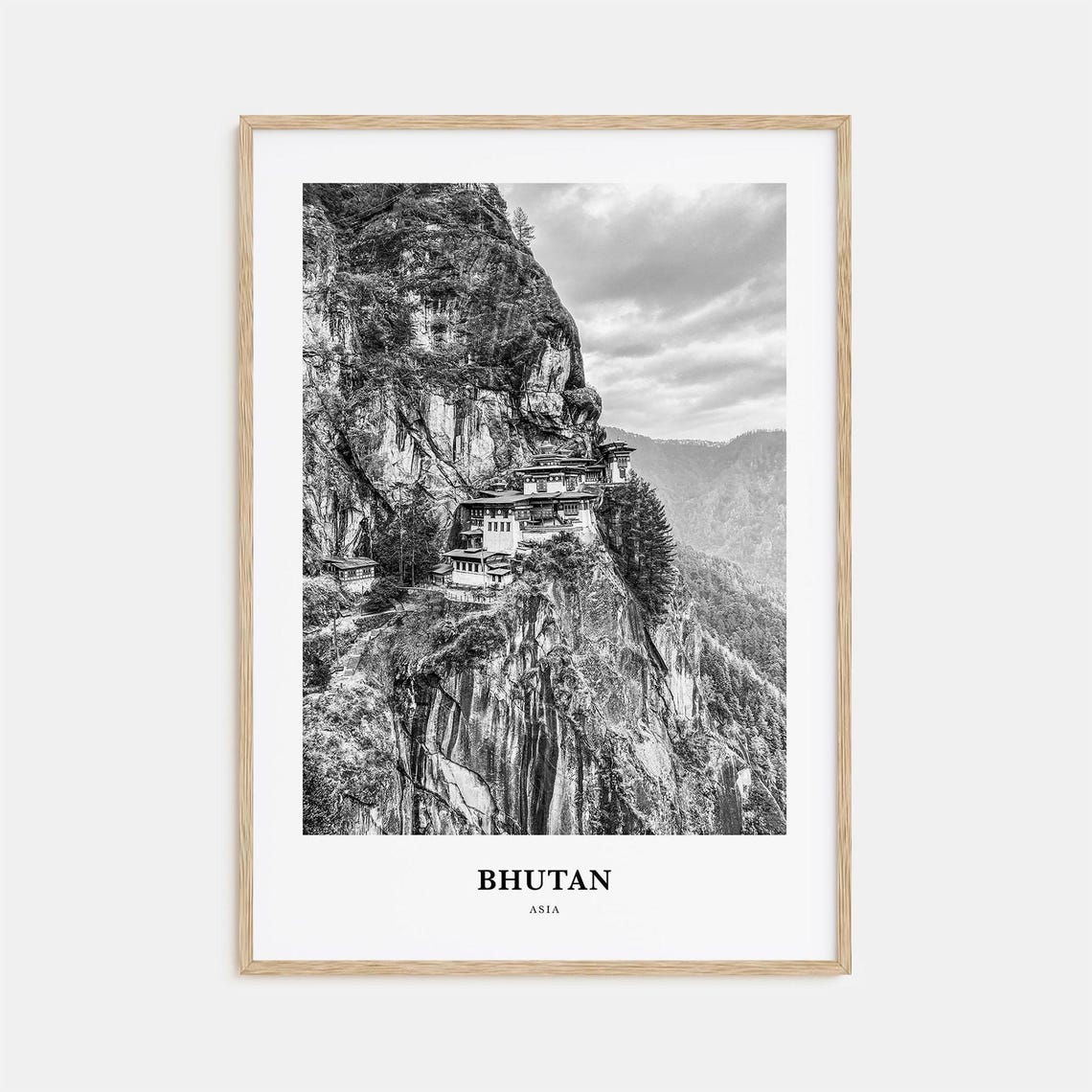 Bhutan Asia Tiger's Nest Monastery Cliffside Black and White Poster