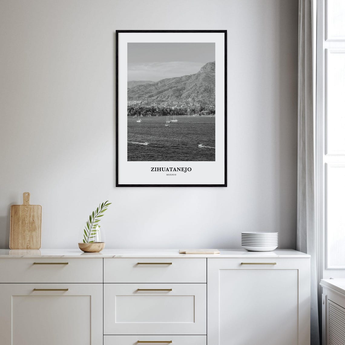 Zihuatanejo Mexico Sailboats Bay Mountains Black and White Poster - Image 2