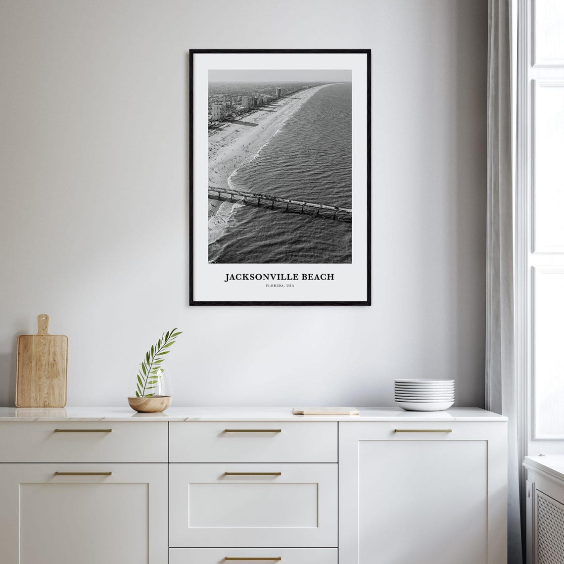 Jacksonville Beach Florida Aerial Pier Coastline Black White Poster - Image 2
