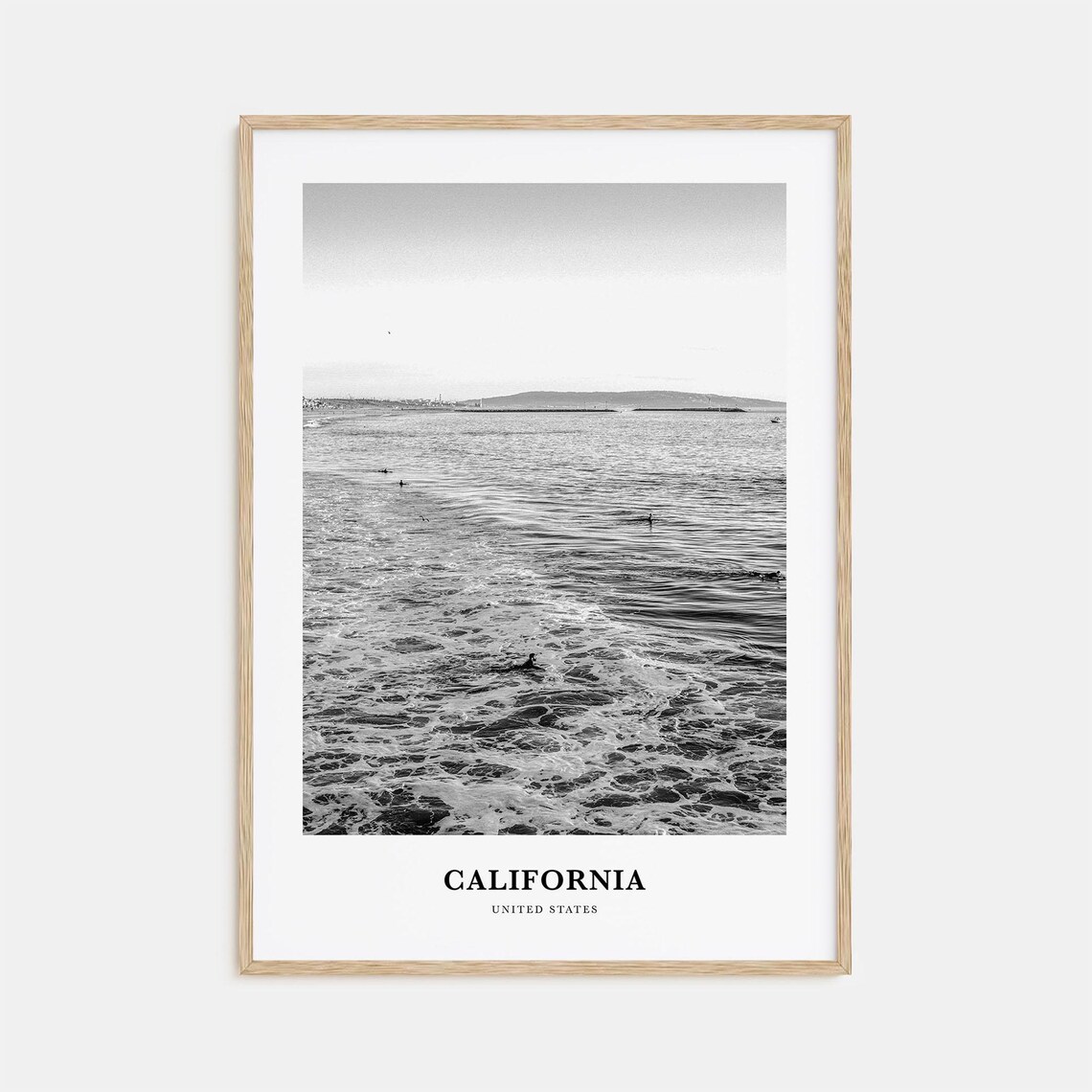 California United States Surfers Ocean Waves Monochrome Poster