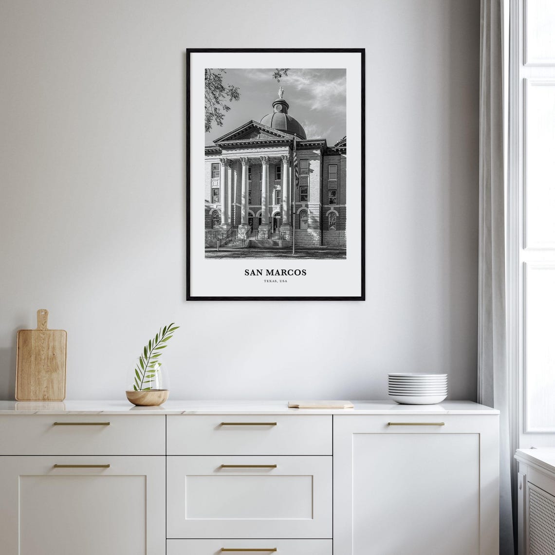 San Marcos Texas Courthouse Columns Dome Black and White Poster - Image 2