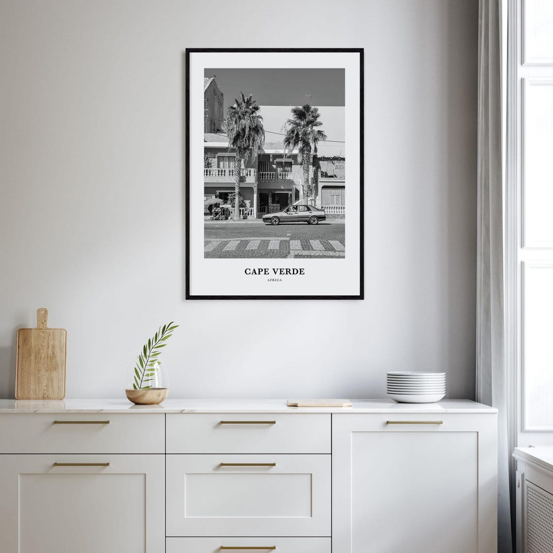 Cape Verde Palm Street Taxi Scene Black and White Photo Poster - Image 2