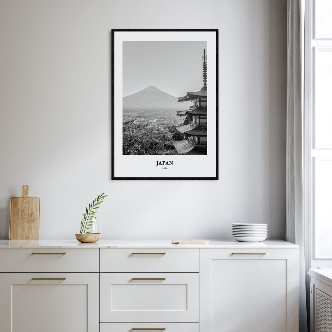 Mount Fuji and Pagoda Japan Black and White Photography Poster - Image 2