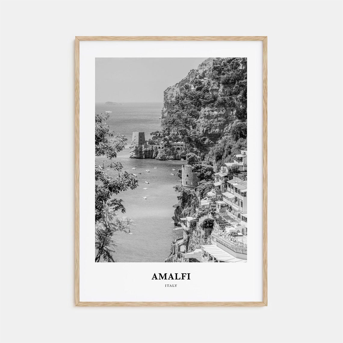 Amalfi Coast Cliffside Village Black and White Italy Travel Poster