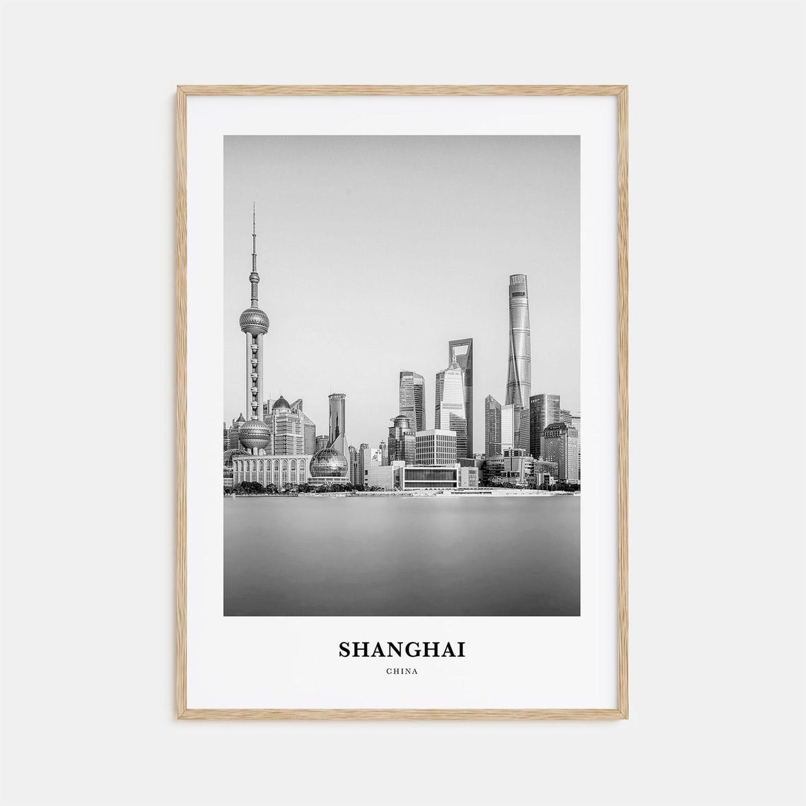 Shanghai China Pudong Skyline Waterfront Black White Travel Poster