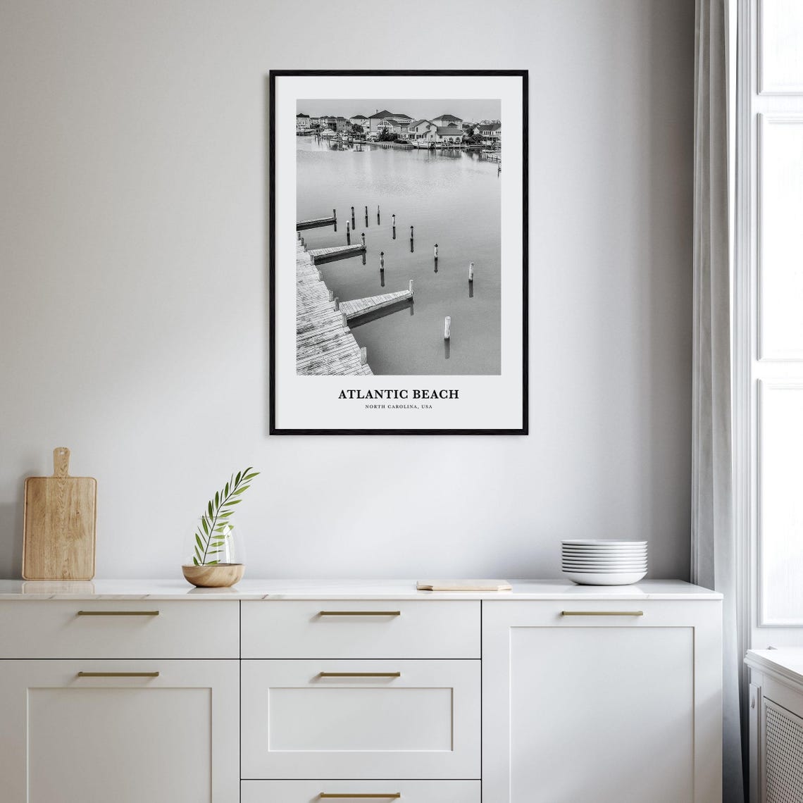 Atlantic Beach North Carolina Marina Docks Black and White Poster - Image 2