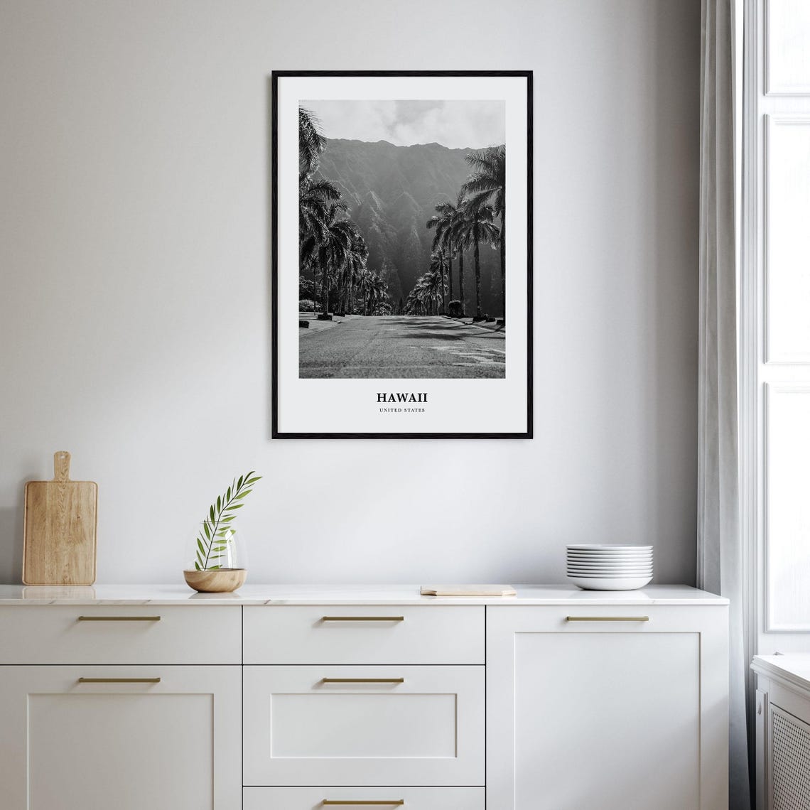Hawaii United States Palm Lined Road Mountain View Black White Poster - Image 2