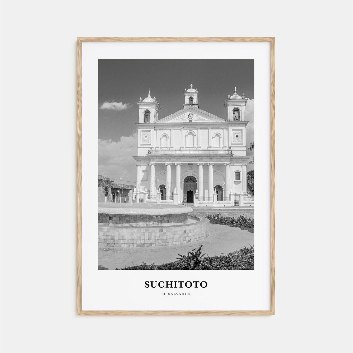 Suchitoto El Salvador Colonial Church Fountain Black White Poster
