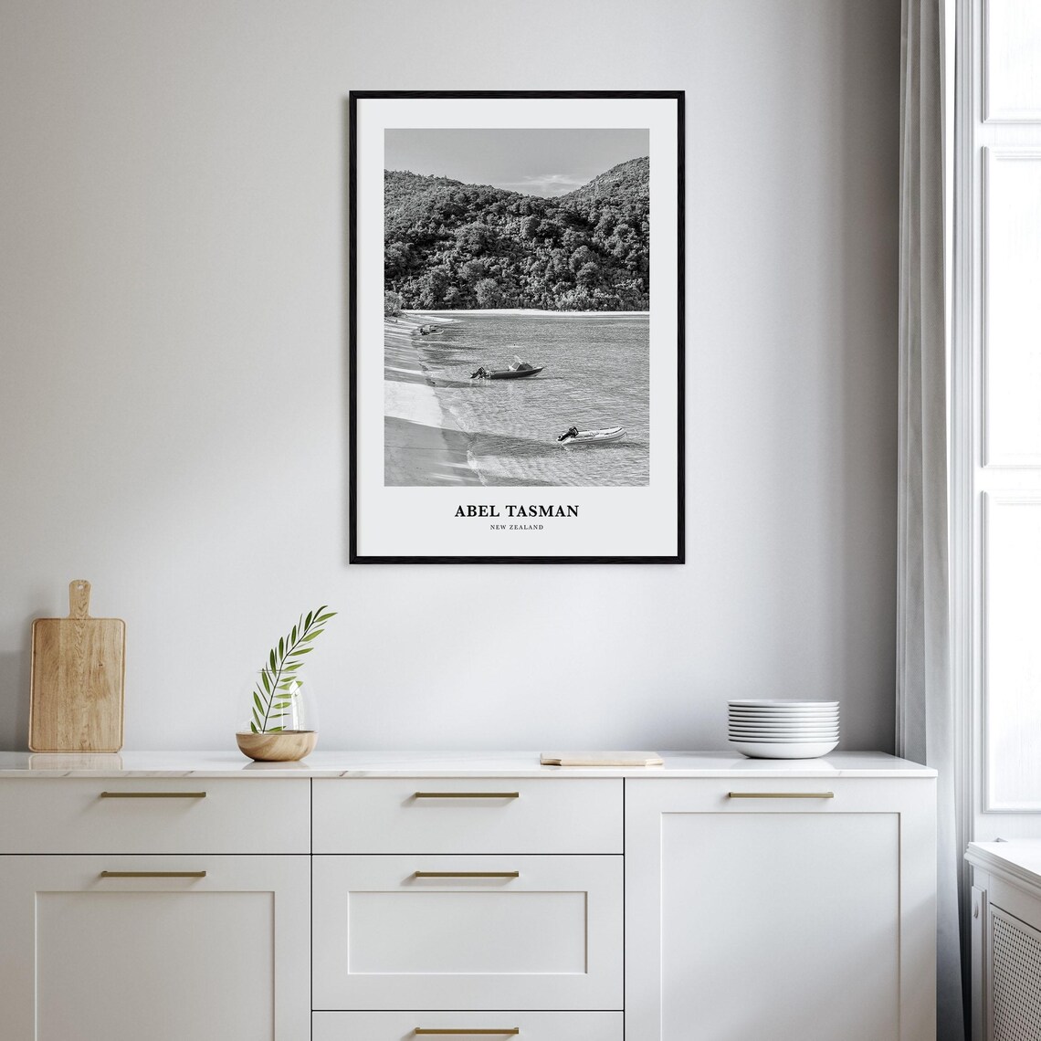Abel Tasman New Zealand Beach Boats Black and White Travel Poster - Image 2