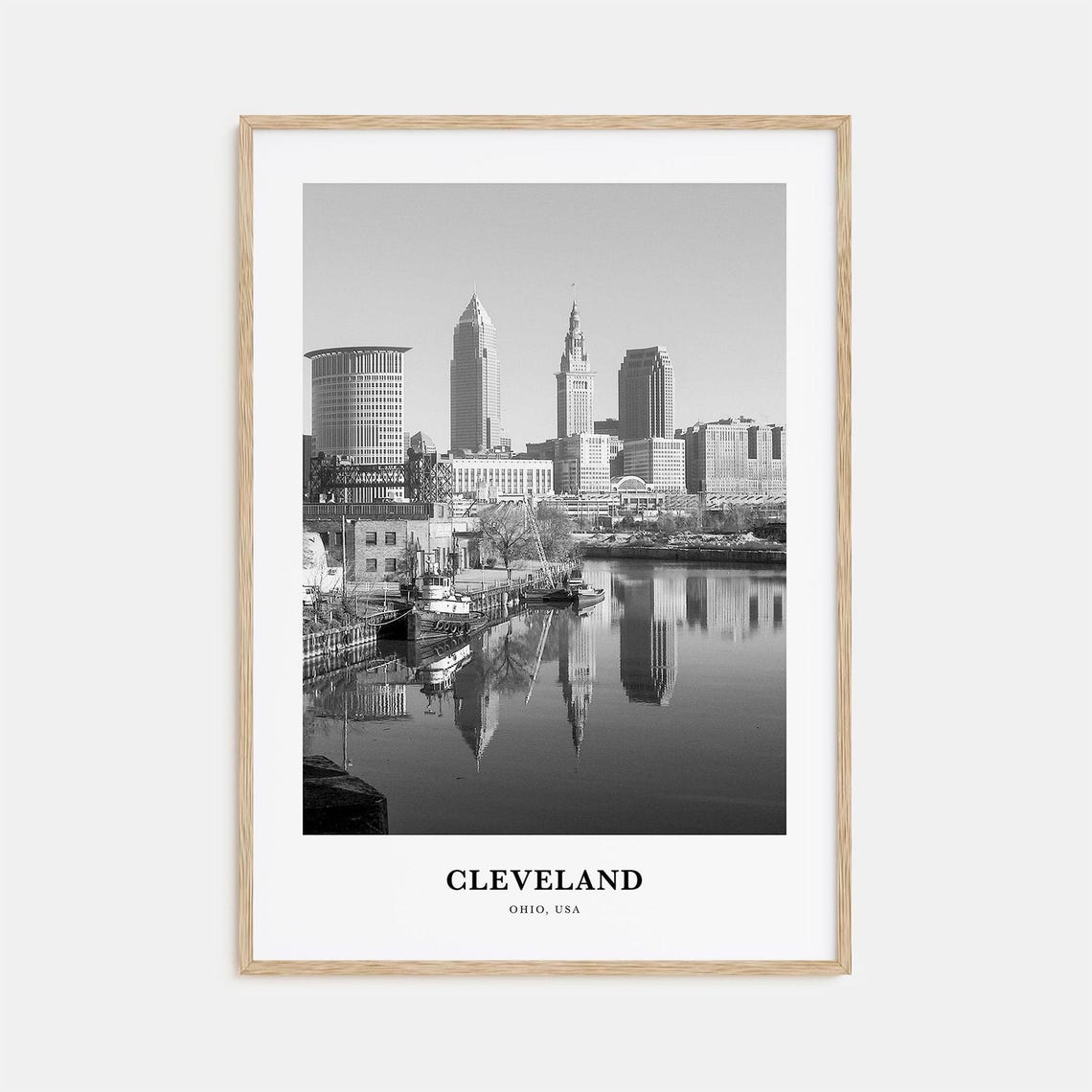Cleveland Ohio Skyline Reflected in the River Black and White Poster