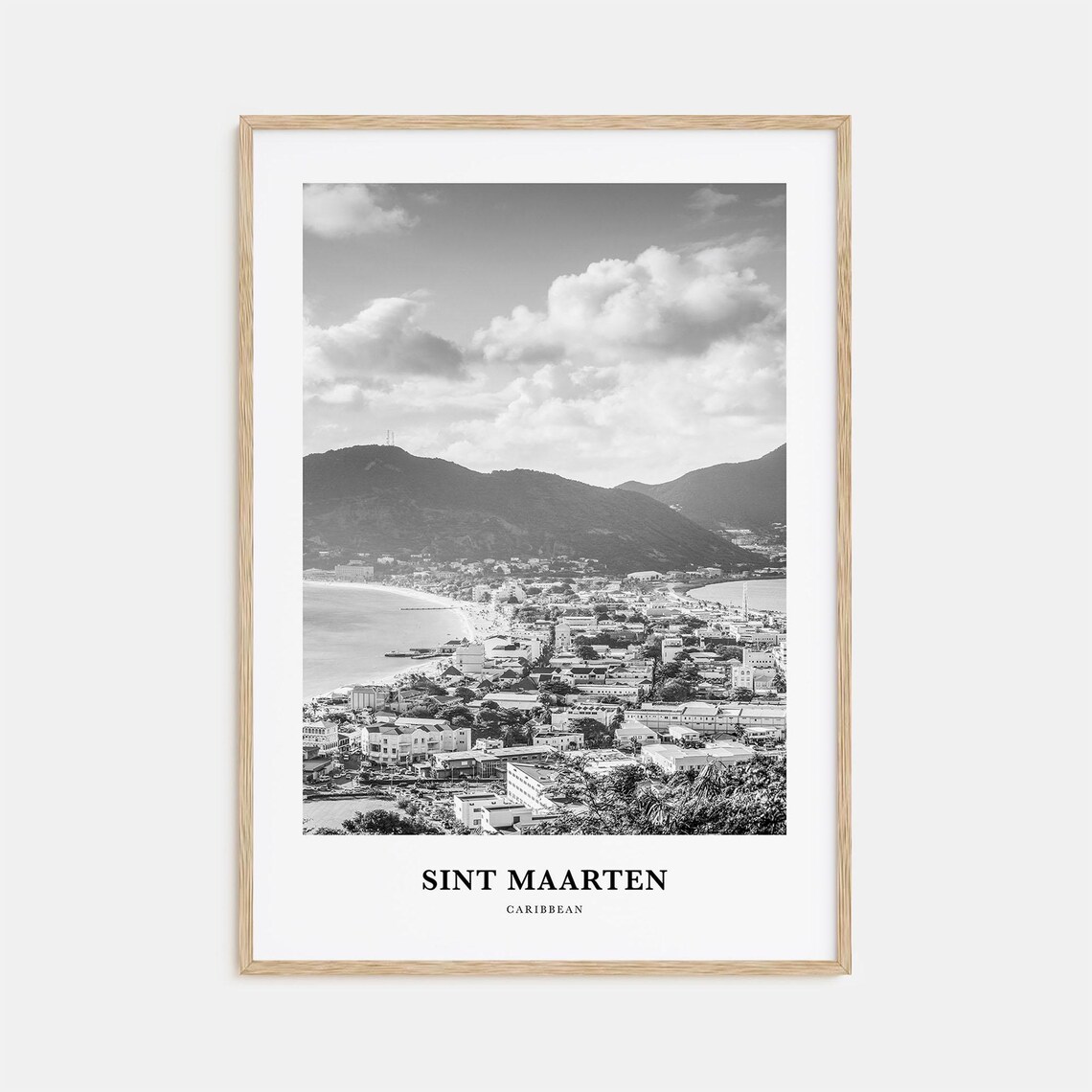Sint Maarten Caribbean Bay Aerial Black and White Travel Poster