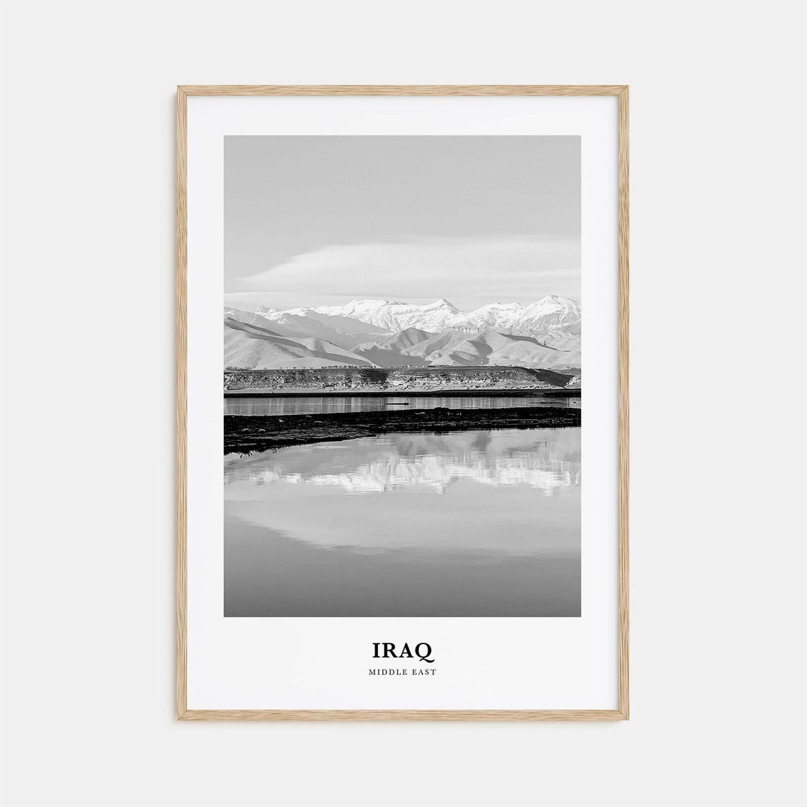 Iraq Snowy Mountain Lake Mirror Reflection Black and White Photo Print