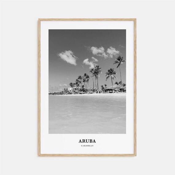 Aruba Caribbean Palm Lined Beach Shoreline Black and White Poster