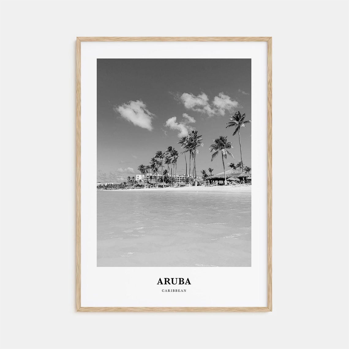 Aruba Caribbean Palm Lined Beach Shoreline Black and White Poster
