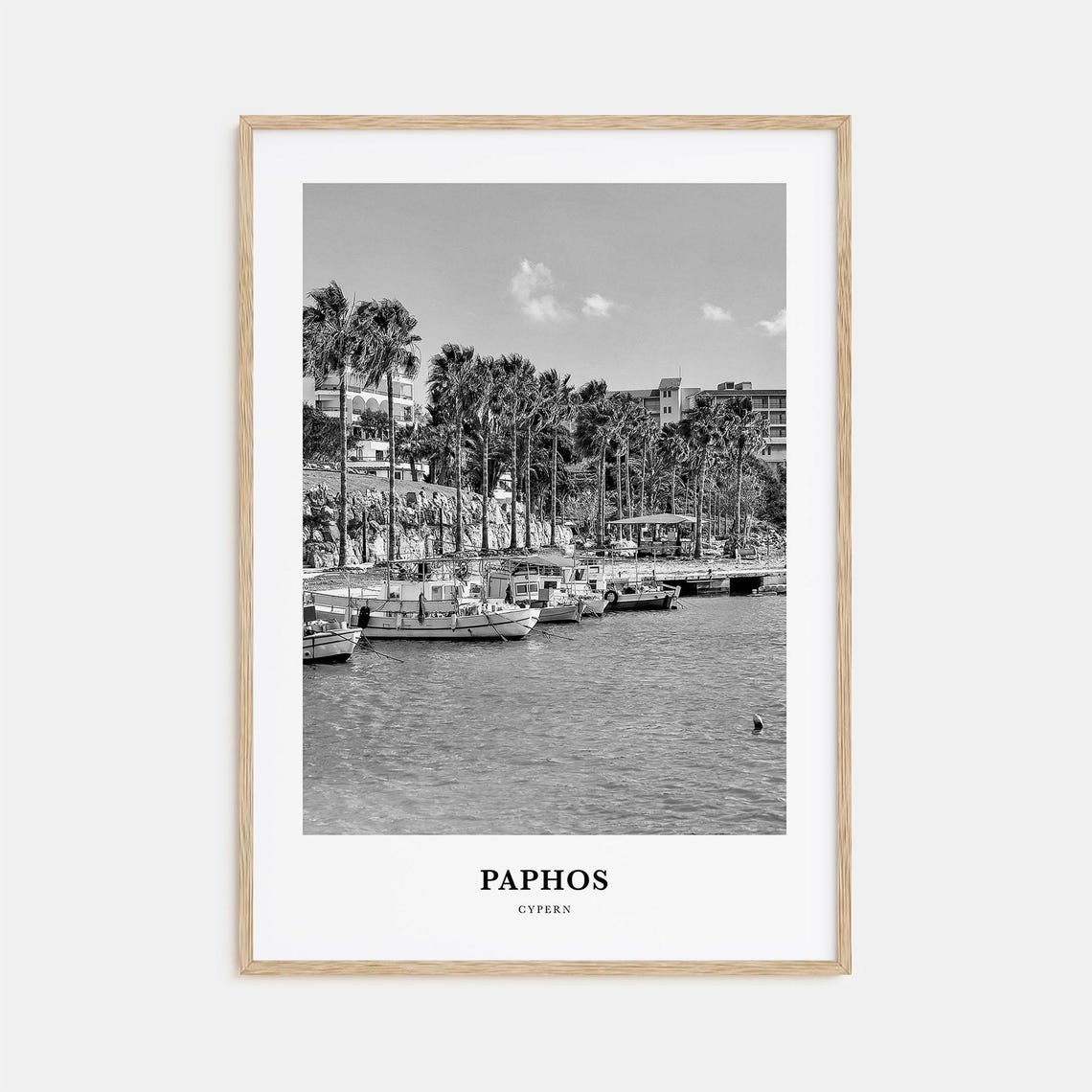 Paphos Cyprus Harbour Palms and Boats Black and White Poster