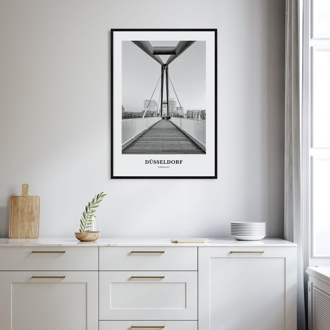 Dusseldorf Modern Cable Stayed Bridge Black and White Poster - Image 2