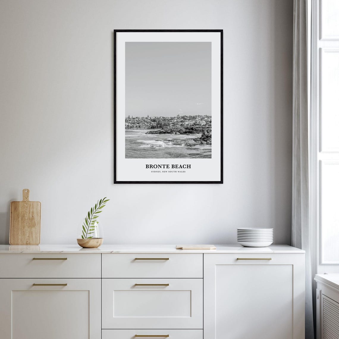 Bronte Beach Sydney Rocky Coastline View Black and White Poster - Image 2