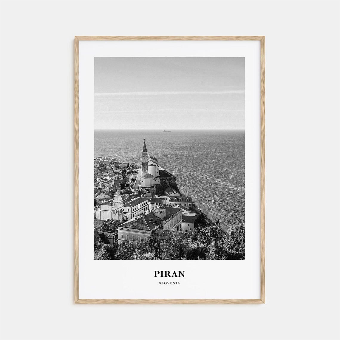 Piran Slovenia Coastal Old Town Peninsula Black and White Poster