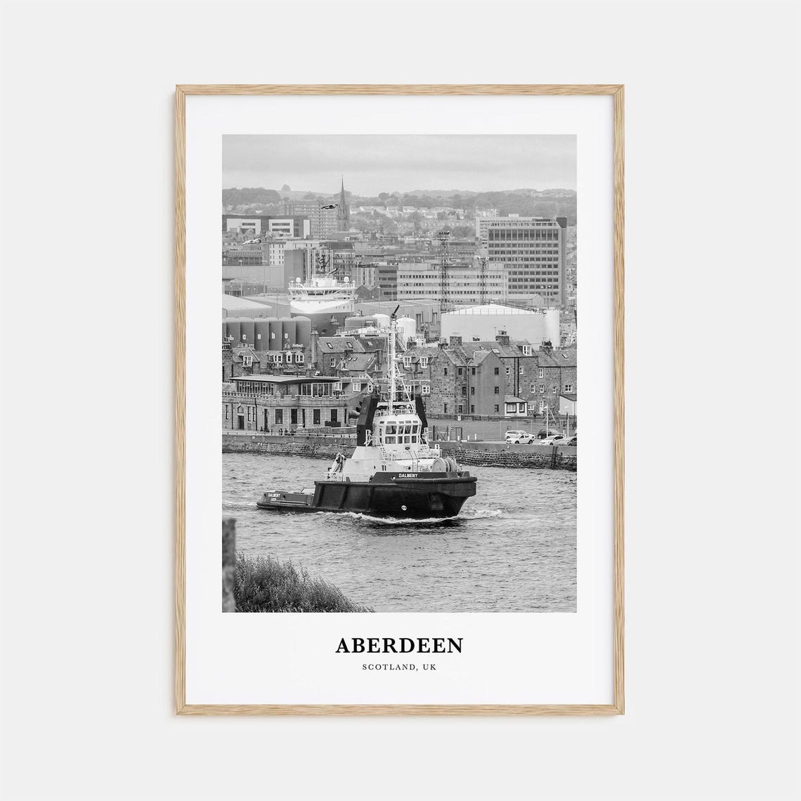 Aberdeen Scotland Harbor Tugboat Black and White Travel Poster
