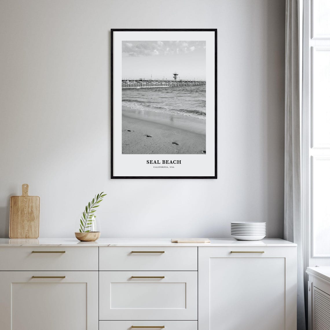 Seal Beach California Pier From Sandy Beach Black White Travel Poster - Image 2