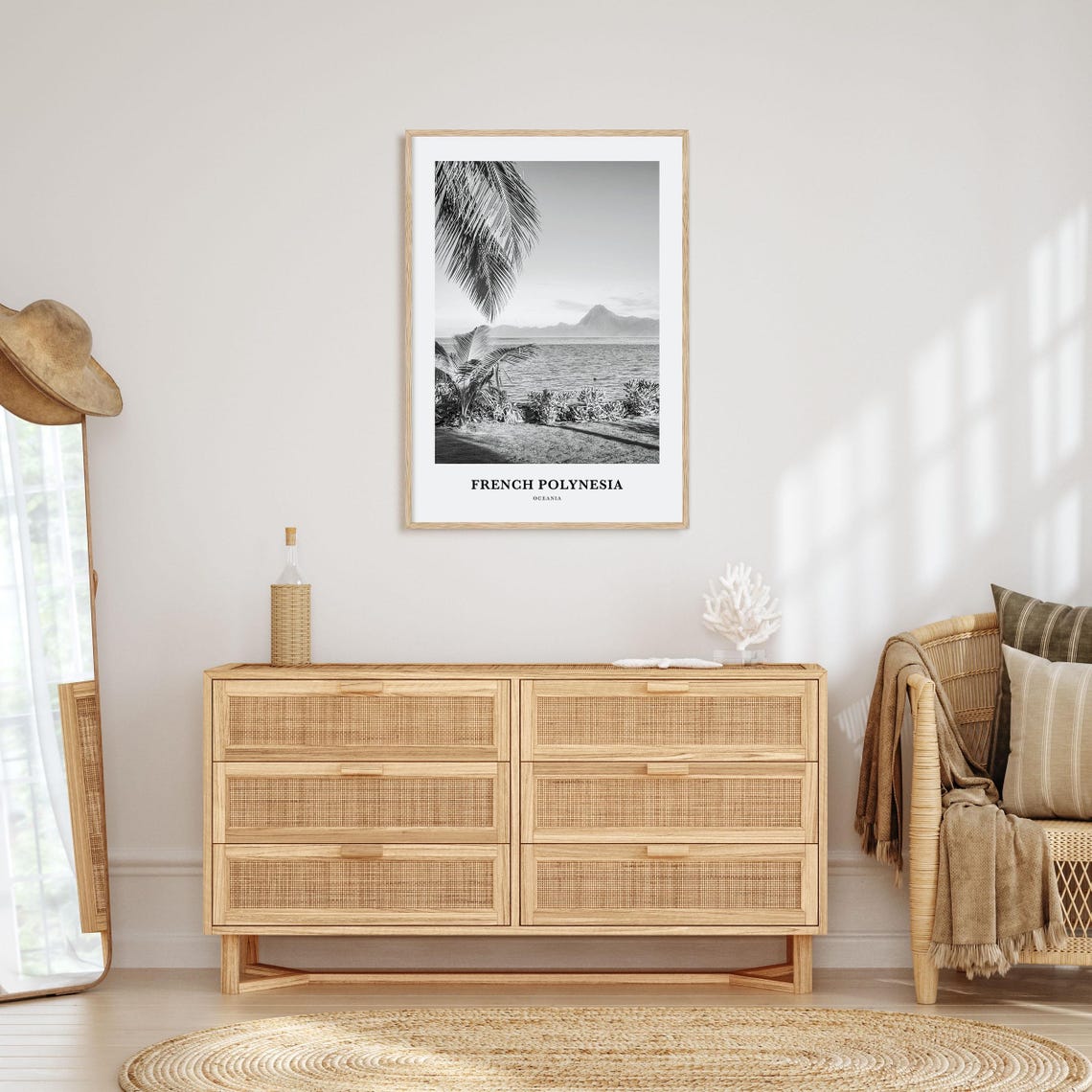 French Polynesia Monochrome Palm Trees Beach Lagoon Photo Poster - Image 3