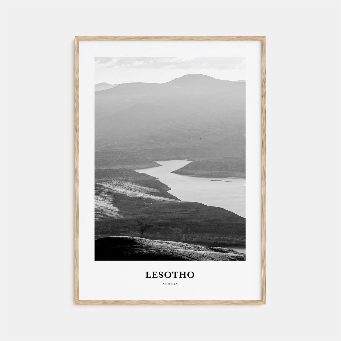 Lesotho Africa Mountains River Aerial Black And White Travel Poster