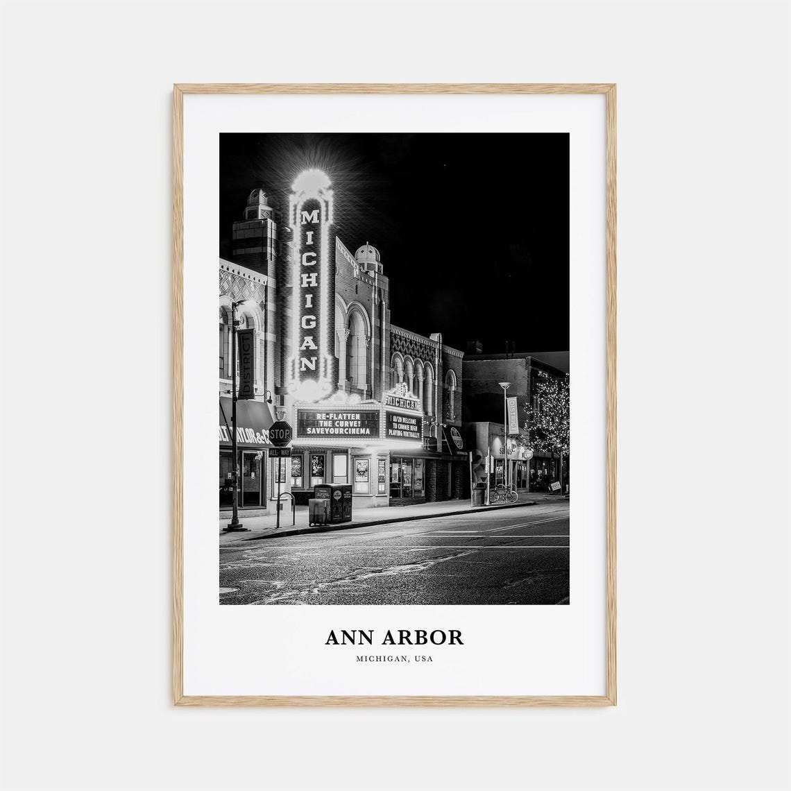 Ann Arbor Michigan Theater at Night Black and White Travel Poster