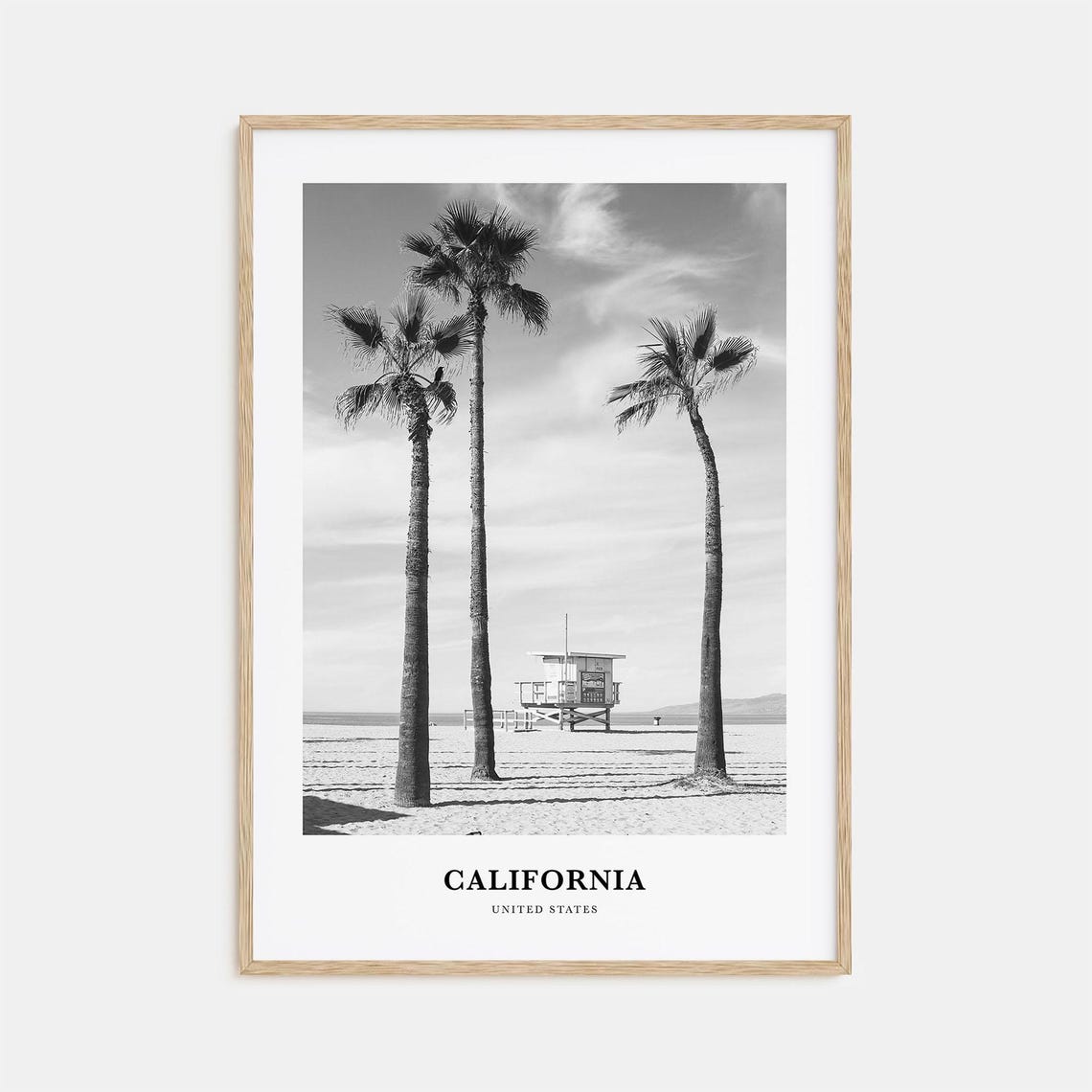 California Beach Palm Trees Lifeguard Tower Monochrome Poster