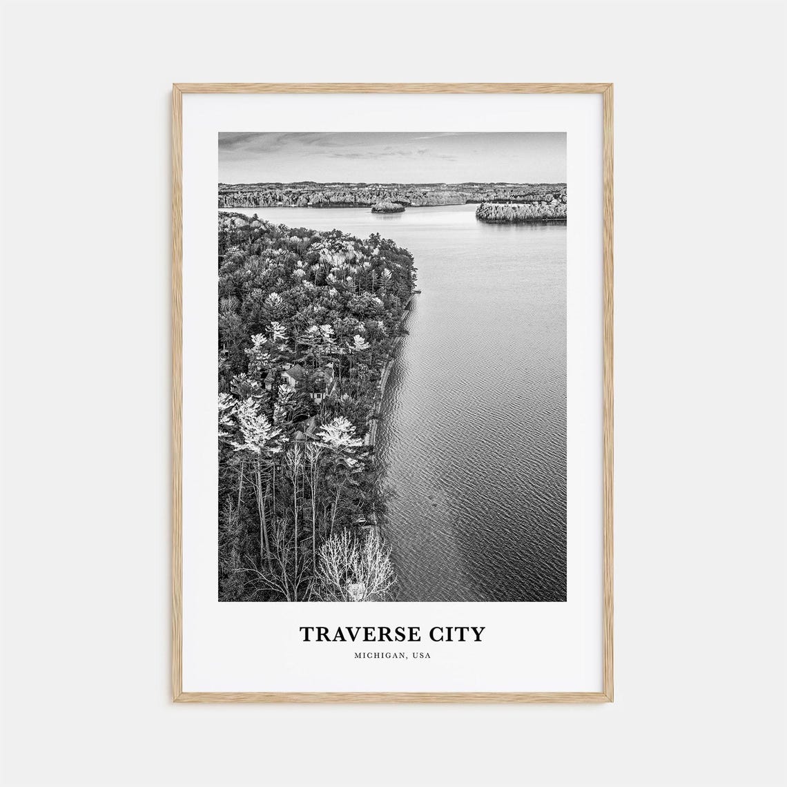 Traverse City Michigan Lake Peninsula Aerial Black and White Poster