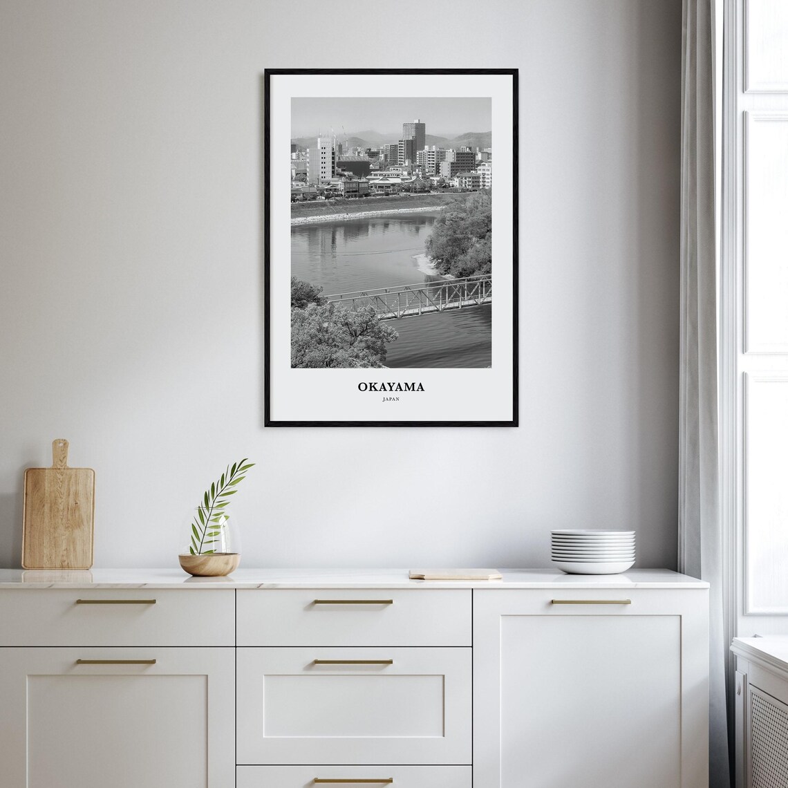 Okayama Japan River Bridge and City Skyline Black White Photo Poster - Image 2