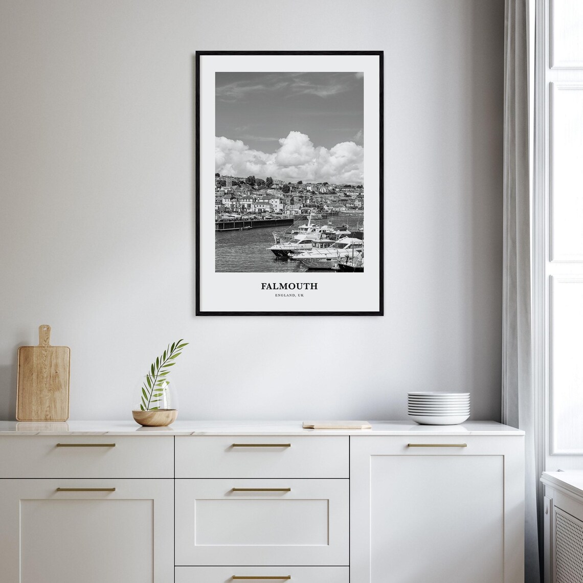 Falmouth Harbor England Black and White Boats Monochrome Travel Poster - Image 2
