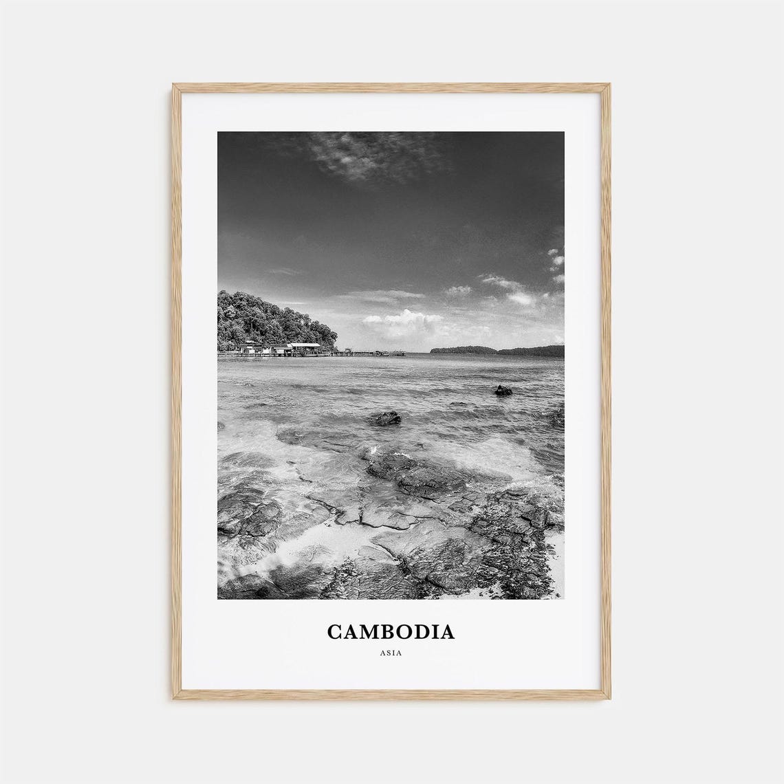 Cambodia Beach Rocky Shoreline Black and White Travel Poster
