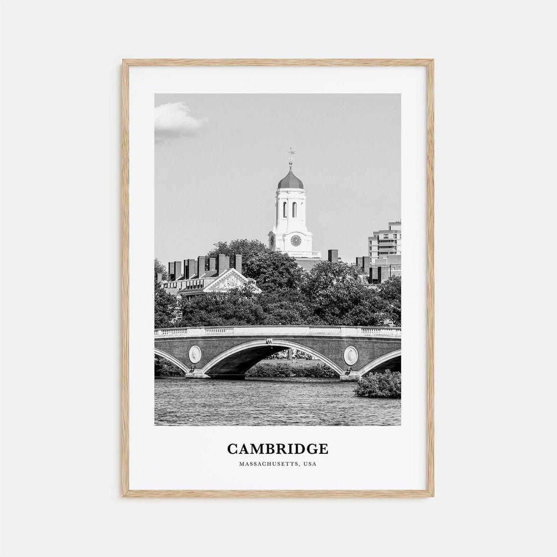 Cambridge Harvard Tower Over Charles River Bridge Travel Poster