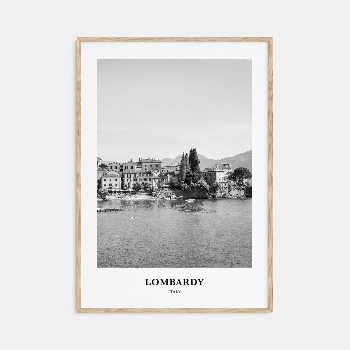 Lombardy Italy Lake Como Lakeside Town Black and White Travel Poster