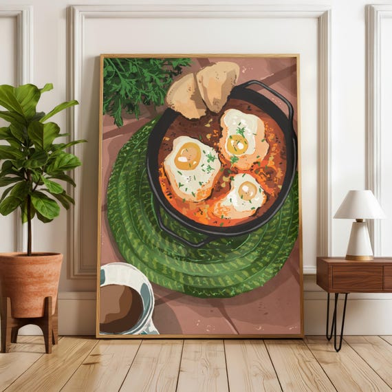 Shakshuka Print Retro Food Art Printable Kitchen Wall Nook Decor Middle Eastern Eggs Poster Dining Room Cafe Tomato